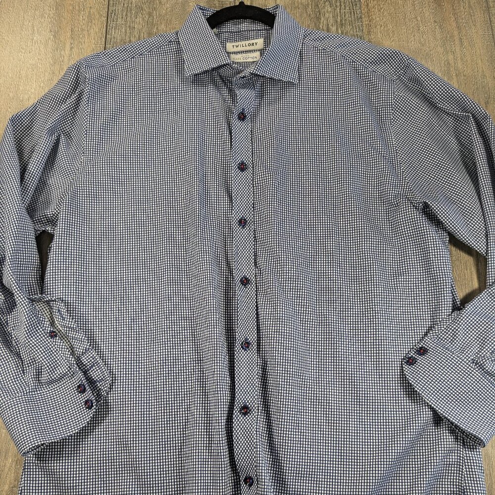Twillory Dress Shirt Mens 17 Blue Check Plaid Non Iron Cotton Long Sleeve Button